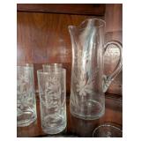 Vintage Floral Etched Glass Pitcher and 5 Glasses Set