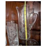 Vintage Floral Etched Glass Pitcher and 5 Glasses Set