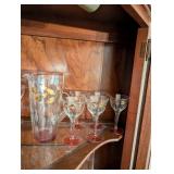 Vintage Glass Pitcher and Goblet Set with Gold Leaf Design