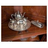 Vintage Silver Tea Set with Tray and Covered Butter Dish