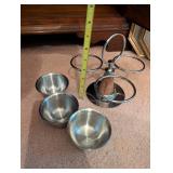 Vintage Metal and Wood Condiment Server with 3 Bowls
