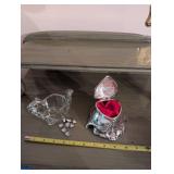 Squirrel Acorn Glass Bowl and Decorative Hinged Metal Box with Red Lining