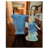 Vintage Blue Ceramic Vase and Porcelain Figurine Set