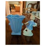 Vintage Blue Ceramic Vase and Porcelain Figurine Set