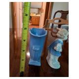 Vintage Blue Ceramic Vase and Porcelain Figurine Set