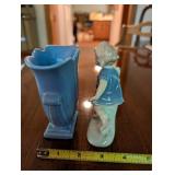 Vintage Blue Ceramic Vase and Porcelain Figurine Set