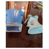 Vintage Blue Ceramic Vase and Porcelain Figurine Set