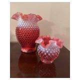 Set of 2 Fenton Cranberry Opalescent Hobnail Glass Vases