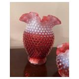 Set of 2 Fenton Cranberry Opalescent Hobnail Glass Vases