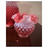 Set of 2 Fenton Cranberry Opalescent Hobnail Glass Vases