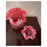Set of 2 Fenton Cranberry Opalescent Hobnail Glass Vases