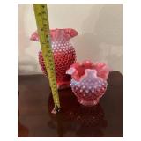 Set of 2 Fenton Cranberry Opalescent Hobnail Glass Vases
