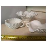 Set of 3 Vintage Milk Glass Hobnail Bowls and Creamer