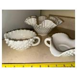 Set of 3 Vintage Milk Glass Hobnail Bowls and Creamer