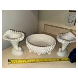 Vintage White Milk Glass Hobnail Bowl and Pair of Cornucopia Vases