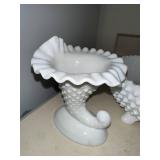 Vintage White Milk Glass Hobnail Bowl and Pair of Cornucopia Vases