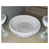 Vintage White Milk Glass Hobnail Bowl and Pair of Cornucopia Vases