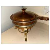 Vintage Copper Chafing Dish with Brass Stand and Wooden Handle
