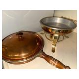 Vintage Copper Chafing Dish with Brass Stand and Wooden Handle