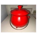 Vintage Red Enamelware Cooking Pot with Lid and Handle