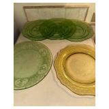 Set of 5 Vintage Green and Yellow Glass Plates with Intricate Designs