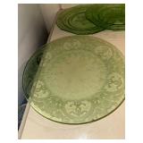 Set of 5 Vintage Green and Yellow Glass Plates with Intricate Designs