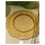 Set of 5 Vintage Green and Yellow Glass Plates with Intricate Designs