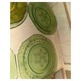 Set of 5 Vintage Green and Yellow Glass Plates with Intricate Designs