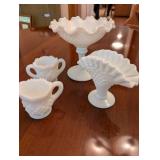 Set of 4 Milk Glass Vases and Creamers with Diamond Pattern