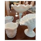 Set of 4 Milk Glass Vases and Creamers with Diamond Pattern