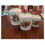 Set of 4 Ceramic Strawberry Decorated Canisters - Made in Japan