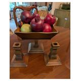 Wooden Fruit Bowl with Decorative Apples and Pair of Candle Holders