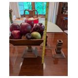 Wooden Fruit Bowl with Decorative Apples and Pair of Candle Holders