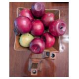 Wooden Fruit Bowl with Decorative Apples and Pair of Candle Holders