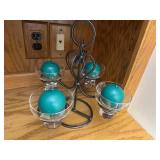 Scandinavian Metal Candle Holder Centerpiece with Glass Cups and Teal Ball Candles