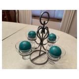Scandinavian Metal Candle Holder Centerpiece with Glass Cups and Teal Ball Candles