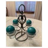 Scandinavian Metal Candle Holder Centerpiece with Glass Cups and Teal Ball Candles