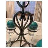 Scandinavian Metal Candle Holder Centerpiece with Glass Cups and Teal Ball Candles