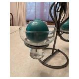 Scandinavian Metal Candle Holder Centerpiece with Glass Cups and Teal Ball Candles