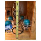 Scandinavian Metal Candle Holder Centerpiece with Glass Cups and Teal Ball Candles