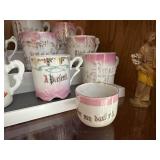 Set of 11 Vintage Porcelain Sentiment Cups & Figurine