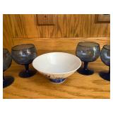 Set of 4 Vintage Blue Glass Goblets with Floral Porcelain Bowl