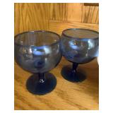 Set of 4 Vintage Blue Glass Goblets with Floral Porcelain Bowl