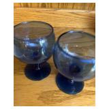 Set of 4 Vintage Blue Glass Goblets with Floral Porcelain Bowl