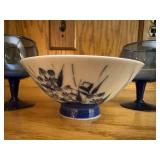 Set of 4 Vintage Blue Glass Goblets with Floral Porcelain Bowl