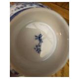 Set of 4 Vintage Blue Glass Goblets with Floral Porcelain Bowl