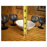 Set of 4 Vintage Blue Glass Goblets with Floral Porcelain Bowl