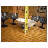 Set of 4 Vintage Blue Glass Goblets with Floral Porcelain Bowl