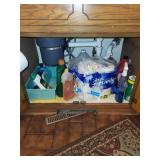 Collection of Household Cleaning Supplies and Paper Towels