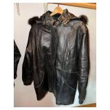 Field Gear Black Leather Coat with Faux Fur Trim Hood - Size L